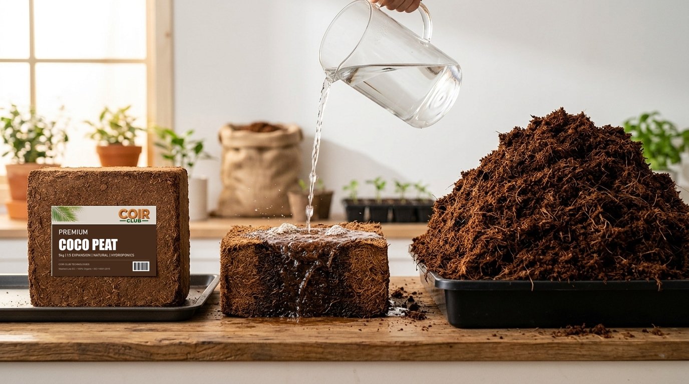 Cocopeat Block Hydration and 5:1 Volume Expansion Process
